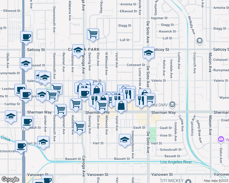 map of restaurants, bars, coffee shops, grocery stores, and more near 7305 Variel Avenue in Los Angeles