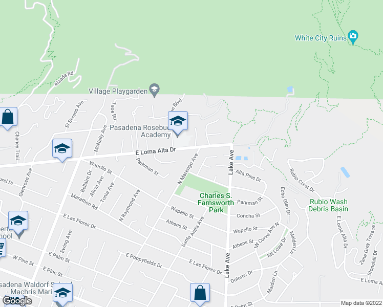 map of restaurants, bars, coffee shops, grocery stores, and more near 3485 Marengo Avenue in Altadena