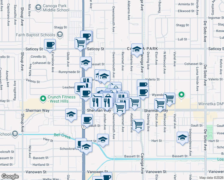 map of restaurants, bars, coffee shops, grocery stores, and more near 7319 Owensmouth Avenue in Los Angeles
