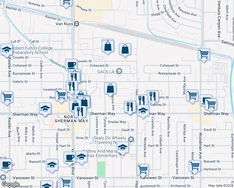 map of restaurants, bars, coffee shops, grocery stores, and more near 14213 Wyandotte Street in Los Angeles