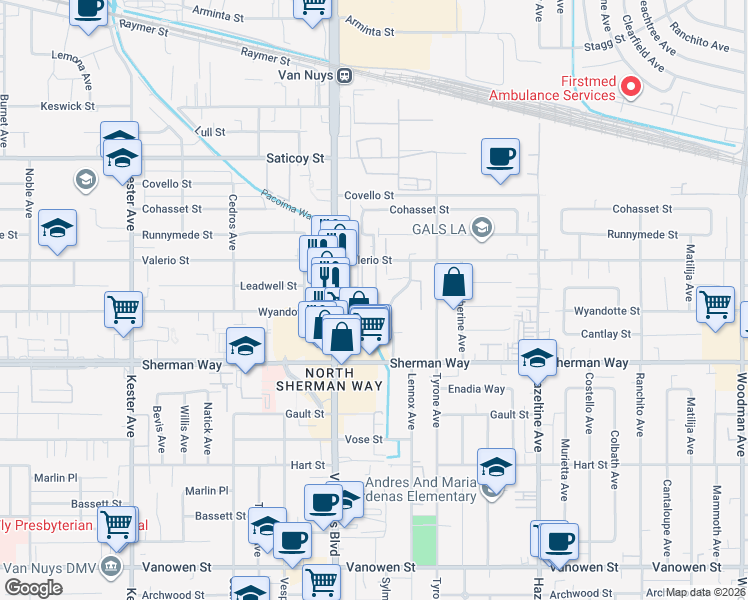 map of restaurants, bars, coffee shops, grocery stores, and more near 14410 Valerio Street in Los Angeles