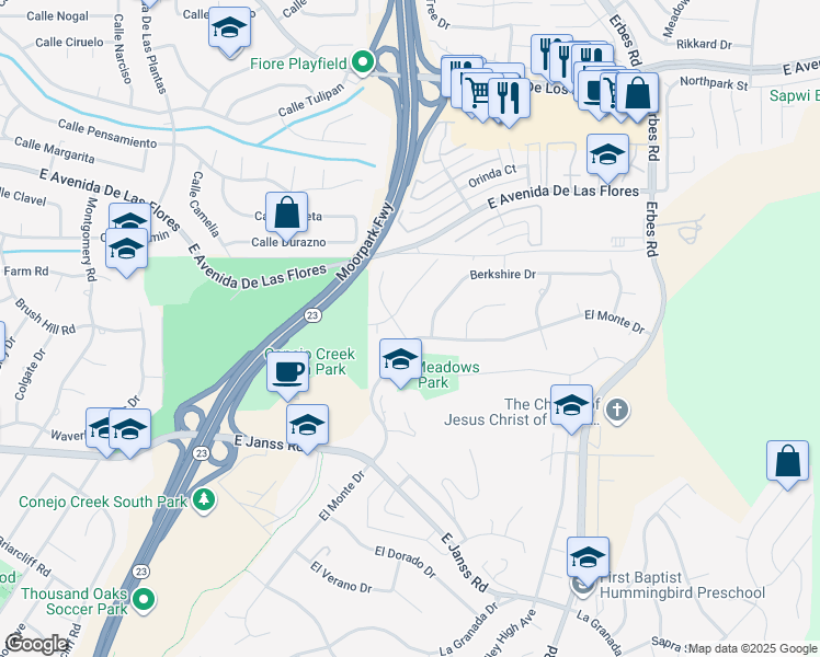 map of restaurants, bars, coffee shops, grocery stores, and more near 1811 El Monte Drive in Thousand Oaks