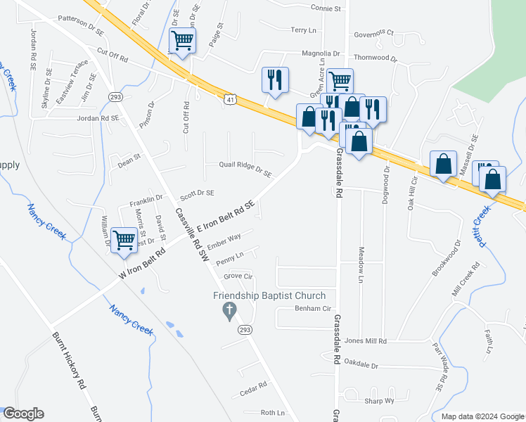map of restaurants, bars, coffee shops, grocery stores, and more near 206 Iron Belt Court in Cartersville