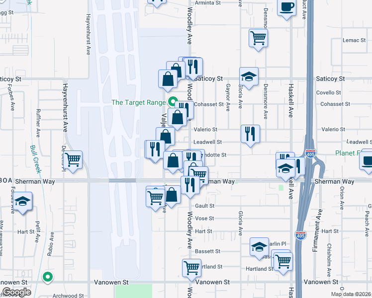 map of restaurants, bars, coffee shops, grocery stores, and more near 7315 Woodley Avenue in Los Angeles