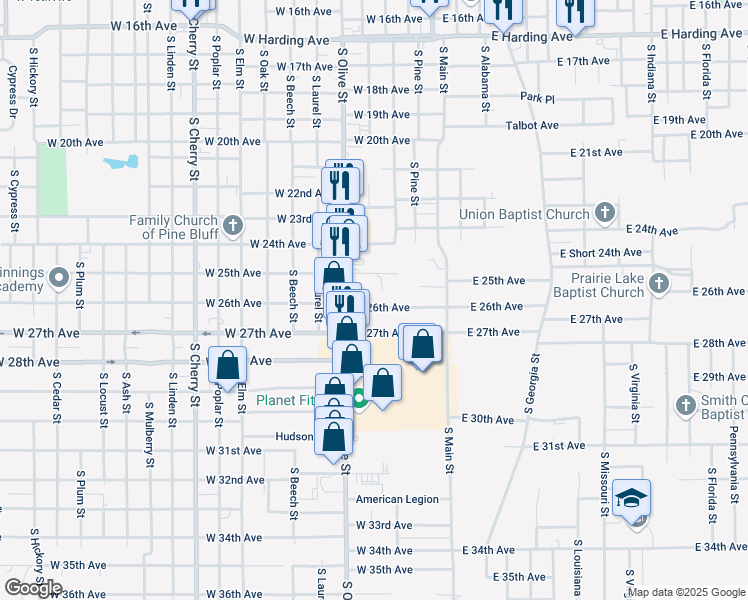 map of restaurants, bars, coffee shops, grocery stores, and more near 306 West 26th Avenue in Pine Bluff