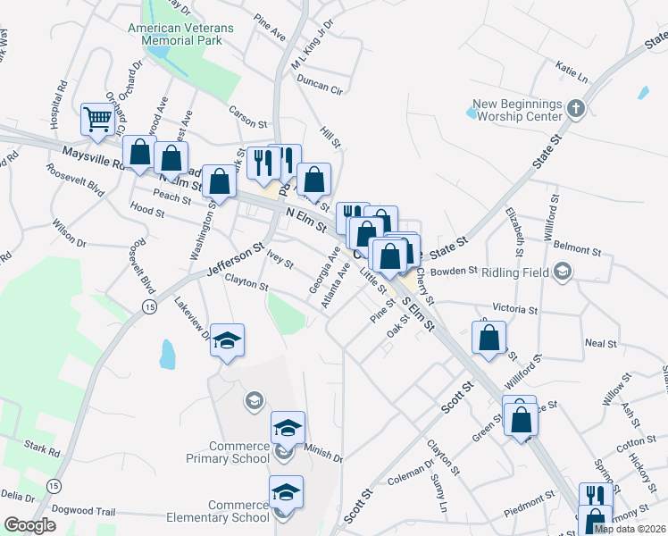 map of restaurants, bars, coffee shops, grocery stores, and more near 109 Georgia Avenue in Commerce