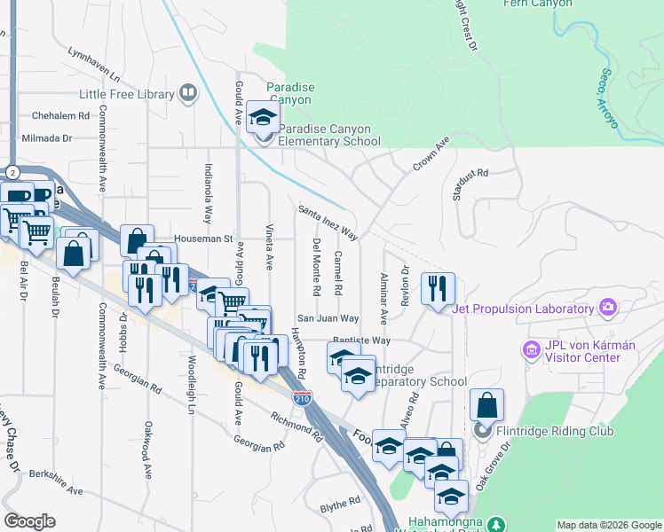 map of restaurants, bars, coffee shops, grocery stores, and more near 4859 Carmel Road in La Cañada Flintridge