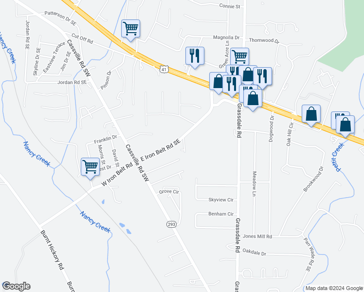 map of restaurants, bars, coffee shops, grocery stores, and more near 307 Iron Belt Court in Cartersville