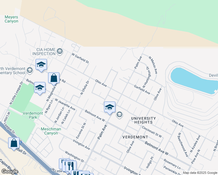 map of restaurants, bars, coffee shops, grocery stores, and more near 6758 North Ridgeline Avenue in San Bernardino