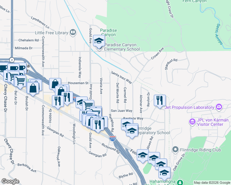 map of restaurants, bars, coffee shops, grocery stores, and more near 4808 Hampton Road in La Cañada Flintridge