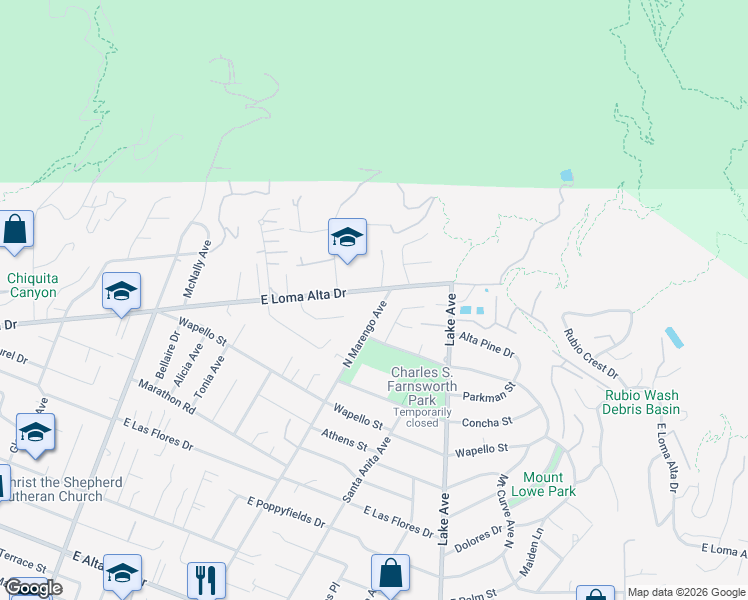 map of restaurants, bars, coffee shops, grocery stores, and more near 3485 Marengo Avenue in Altadena