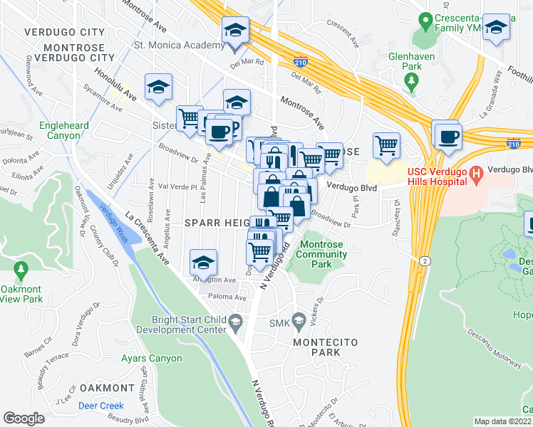 map of restaurants, bars, coffee shops, grocery stores, and more near 3521 Ocean View Boulevard in Glendale