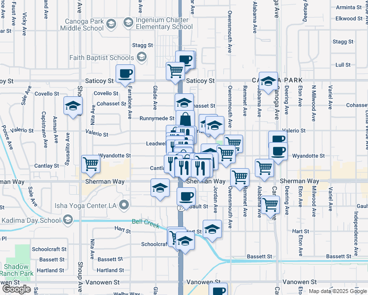 map of restaurants, bars, coffee shops, grocery stores, and more near 21915 Wyandotte Street in Los Angeles