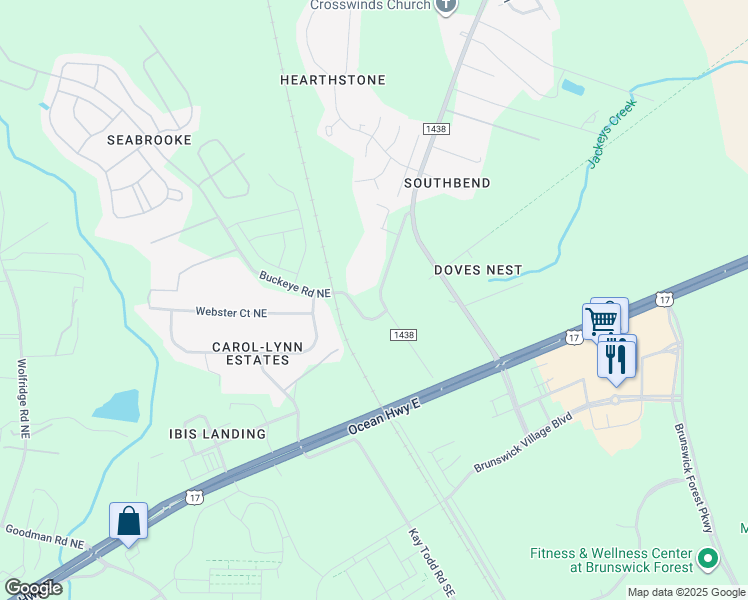 map of restaurants, bars, coffee shops, grocery stores, and more near 100 Buckeye Road Northeast in Leland