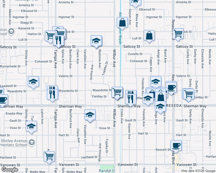map of restaurants, bars, coffee shops, grocery stores, and more near 18942 Wyandotte Street in Los Angeles