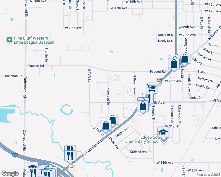 map of restaurants, bars, coffee shops, grocery stores, and more near 2610 Kenwood Drive in Pine Bluff