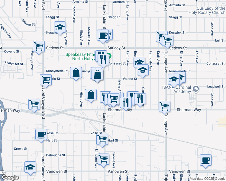map of restaurants, bars, coffee shops, grocery stores, and more near 7300 Lankershim Boulevard in Los Angeles