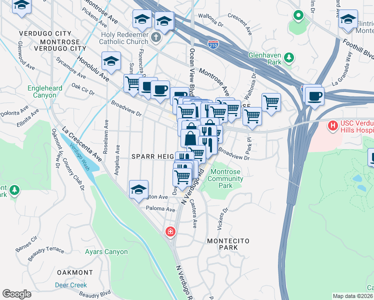 map of restaurants, bars, coffee shops, grocery stores, and more near 3521 Ocean View Boulevard in Glendale