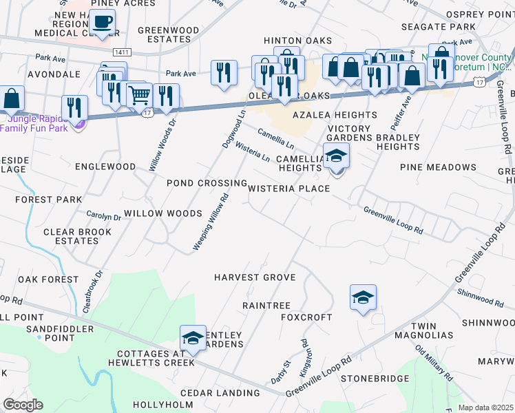 map of restaurants, bars, coffee shops, grocery stores, and more near 5614 Lands End Court in Wilmington