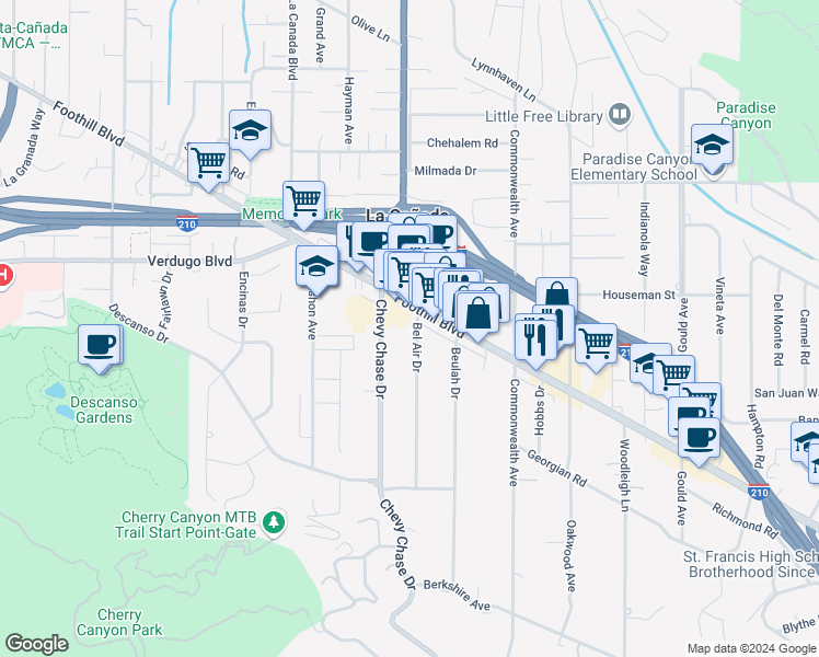 map of restaurants, bars, coffee shops, grocery stores, and more near 4453 Bel Aire Drive in La Cañada Flintridge