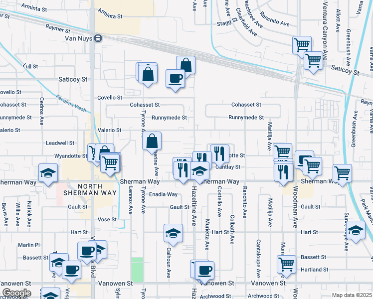 map of restaurants, bars, coffee shops, grocery stores, and more near 7319 Hazeltine Avenue in Los Angeles