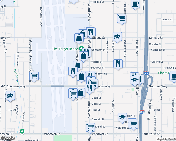 map of restaurants, bars, coffee shops, grocery stores, and more near 7315 Woodley Avenue in Los Angeles