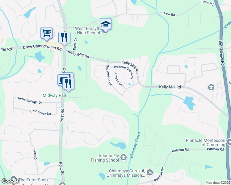 map of restaurants, bars, coffee shops, grocery stores, and more near 5025 Savannah Run in Cumming