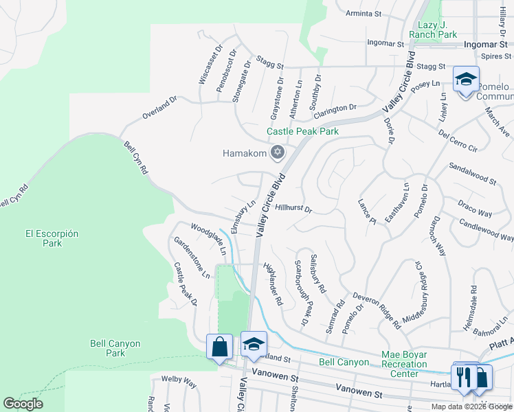map of restaurants, bars, coffee shops, grocery stores, and more near 24419 Plumtree Court in Los Angeles