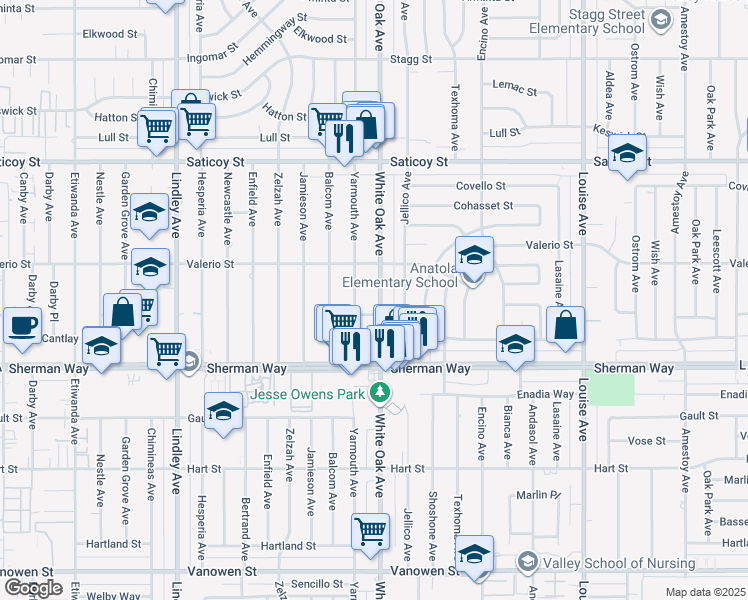 map of restaurants, bars, coffee shops, grocery stores, and more near 7317 White Oak Avenue in Los Angeles