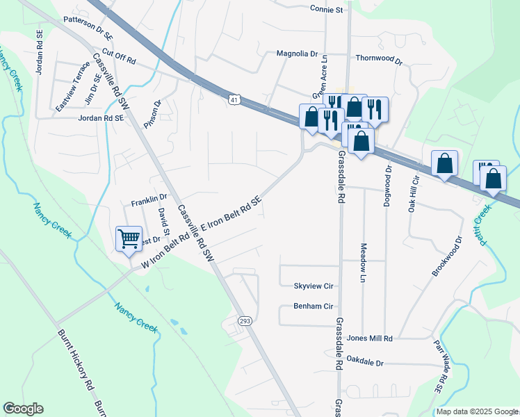 map of restaurants, bars, coffee shops, grocery stores, and more near 306 Iron Belt Court in Cartersville