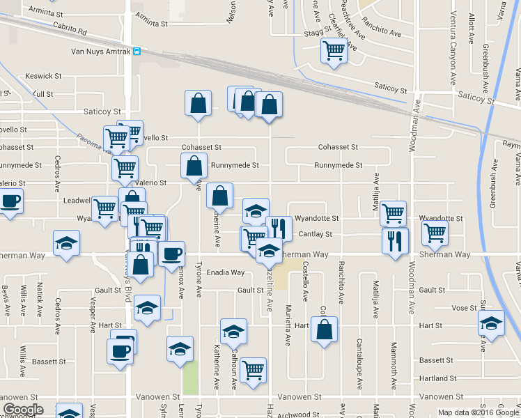 map of restaurants, bars, coffee shops, grocery stores, and more near 7256 Cherry Lane in Los Angeles