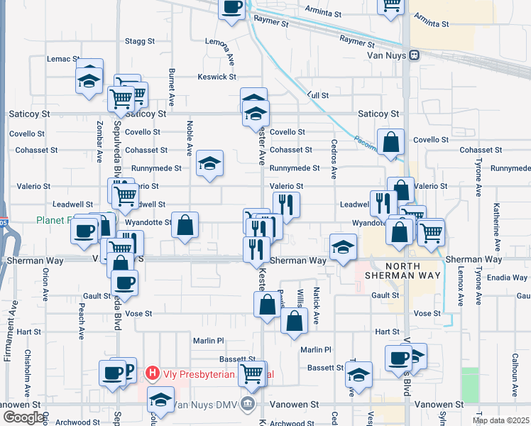 map of restaurants, bars, coffee shops, grocery stores, and more near 14916 1/2 Wyandotte Street in Los Angeles
