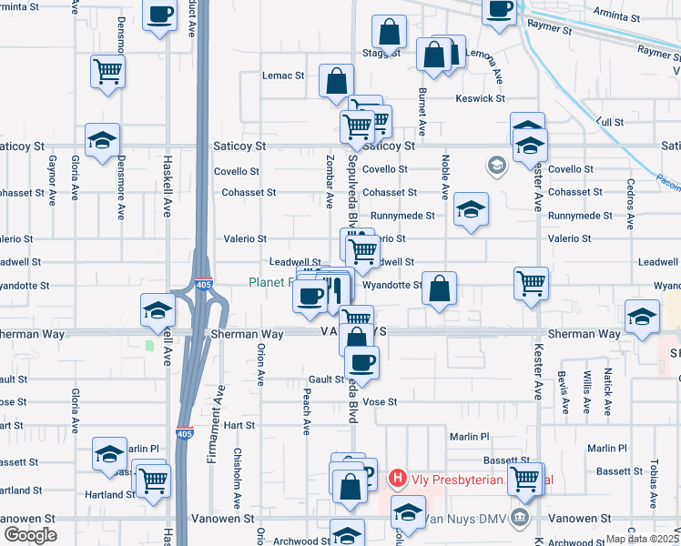 map of restaurants, bars, coffee shops, grocery stores, and more near 15332 Wyandotte Street in Los Angeles