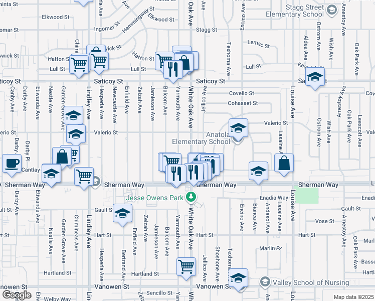 map of restaurants, bars, coffee shops, grocery stores, and more near 7300 Yarmouth Avenue in Los Angeles