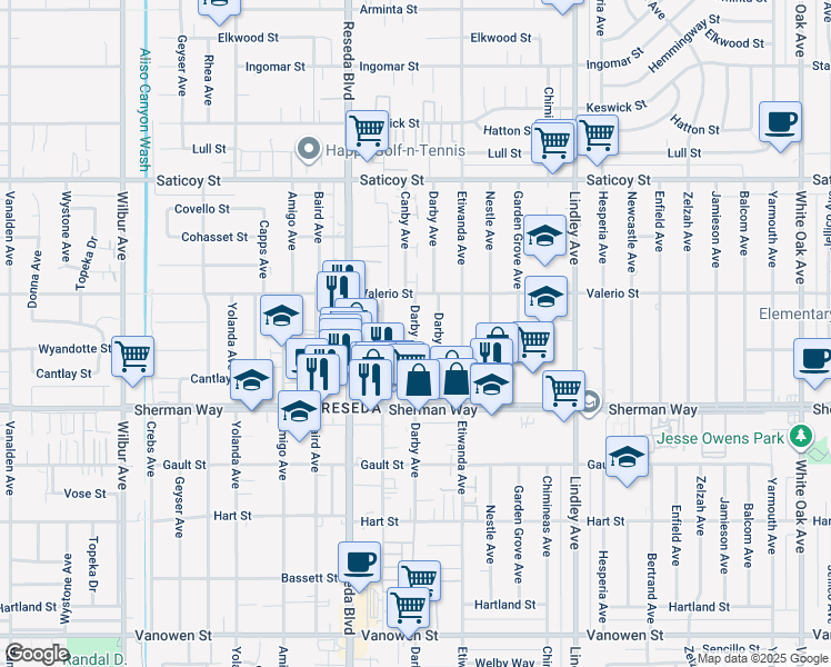 map of restaurants, bars, coffee shops, grocery stores, and more near 7255 Darby Place in Los Angeles