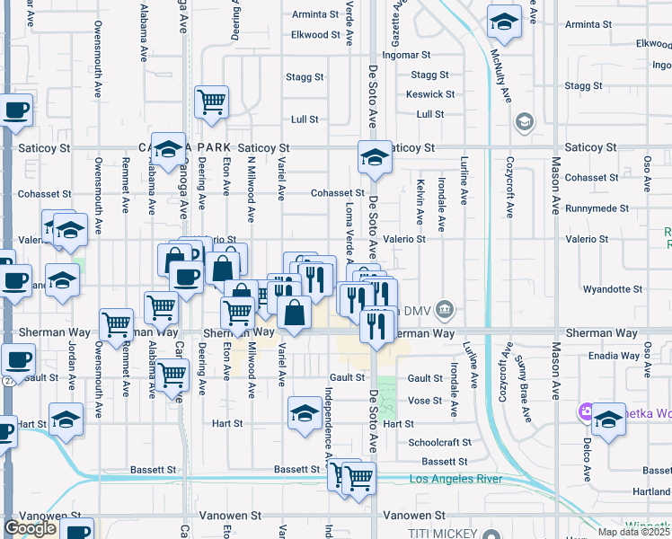 map of restaurants, bars, coffee shops, grocery stores, and more near 7303 Loma Verde Avenue in Los Angeles