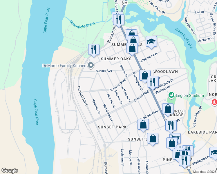map of restaurants, bars, coffee shops, grocery stores, and more near Jackson Street in Wilmington