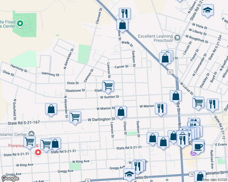 map of restaurants, bars, coffee shops, grocery stores, and more near 613 West Sumter Street in Florence