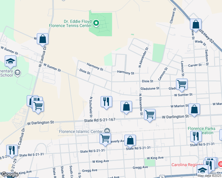map of restaurants, bars, coffee shops, grocery stores, and more near 1118 West Sumter Street in Florence