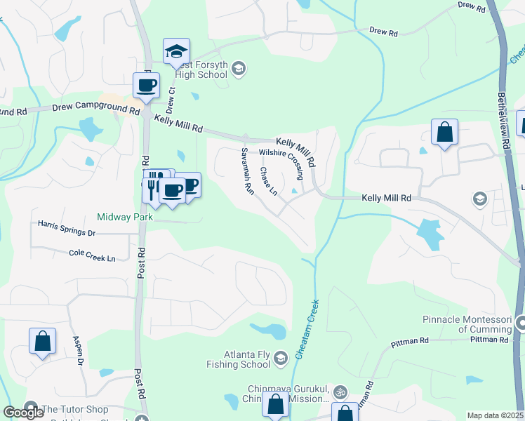map of restaurants, bars, coffee shops, grocery stores, and more near 5025 Savannah Run in Cumming