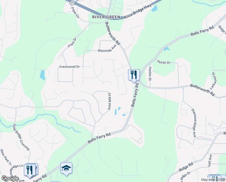 map of restaurants, bars, coffee shops, grocery stores, and more near 142 Gold Mill Place in Canton