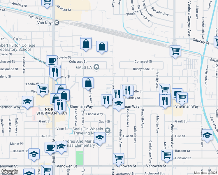 map of restaurants, bars, coffee shops, grocery stores, and more near 7319 Hazeltine Avenue in Los Angeles