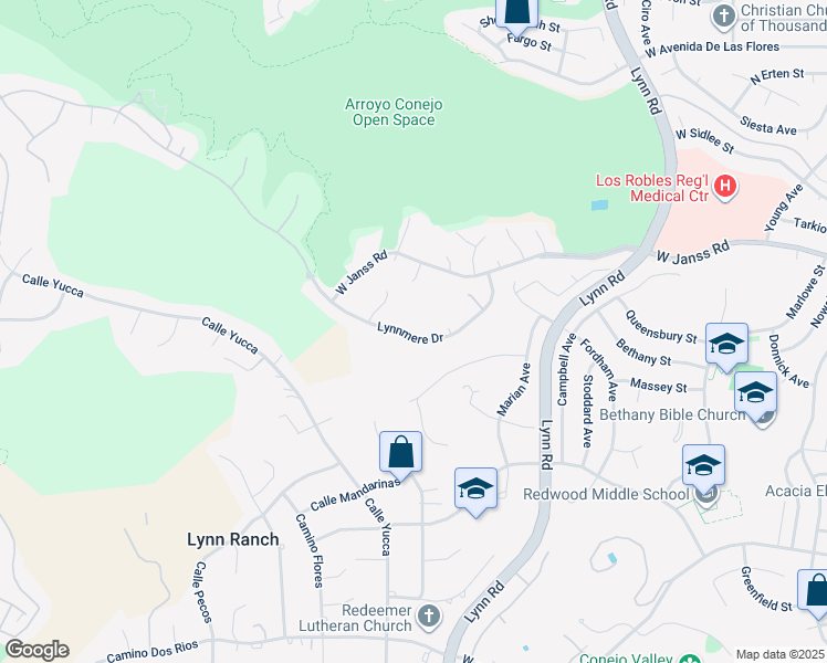 map of restaurants, bars, coffee shops, grocery stores, and more near 751 Lynnmere Drive in Thousand Oaks