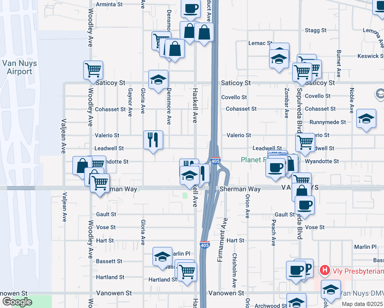 map of restaurants, bars, coffee shops, grocery stores, and more near 7317 Haskell Avenue in Los Angeles
