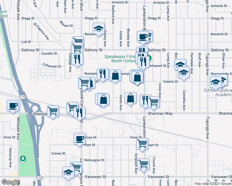 map of restaurants, bars, coffee shops, grocery stores, and more near 11850 Wyandotte Street in Los Angeles