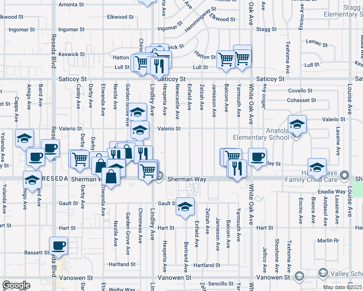 map of restaurants, bars, coffee shops, grocery stores, and more near 7257 Newcastle Avenue in Los Angeles