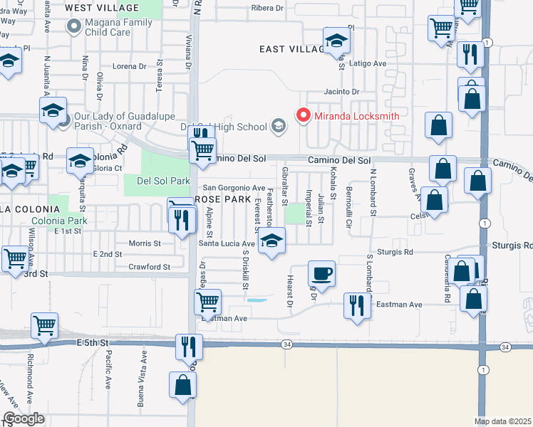 map of restaurants, bars, coffee shops, grocery stores, and more near 211 Featherstone Street in Oxnard