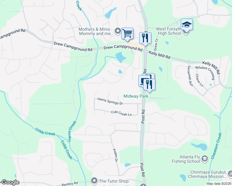 map of restaurants, bars, coffee shops, grocery stores, and more near 5335 Bentley Creek Way in Cumming