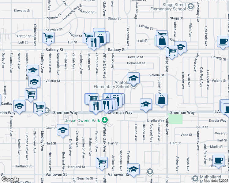 map of restaurants, bars, coffee shops, grocery stores, and more near 7318 Jellico Avenue in Los Angeles