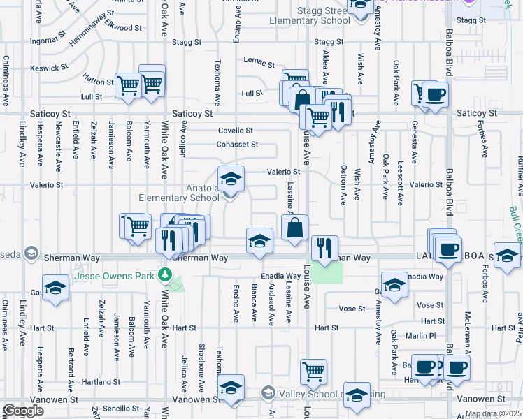 map of restaurants, bars, coffee shops, grocery stores, and more near 17406 Wyandotte Street in Los Angeles